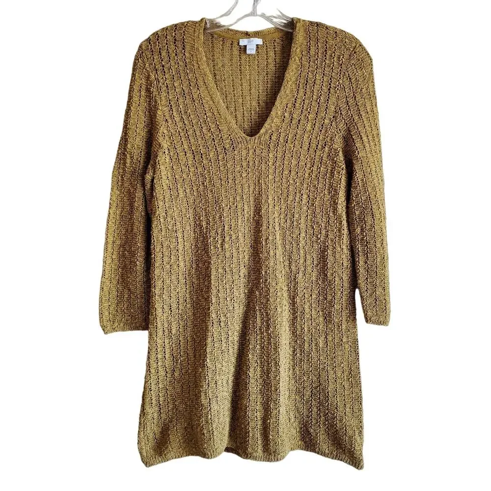 J JILL Women S Sweater Textured Open Stitch Gold Chartreuse 3/4 Sleeve Bust 34